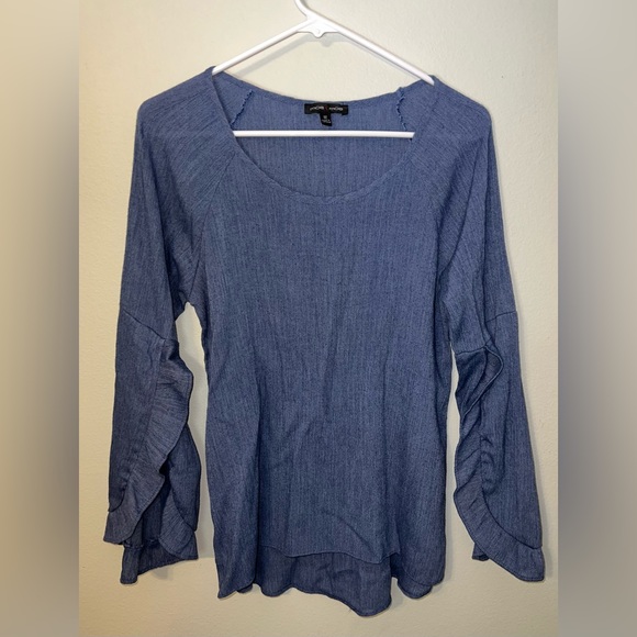 Moa Moa Tops - Moa Moa Woman's Blue Crinkle Top w/ Romantic Slit Ruffle Sleeves Blouse!